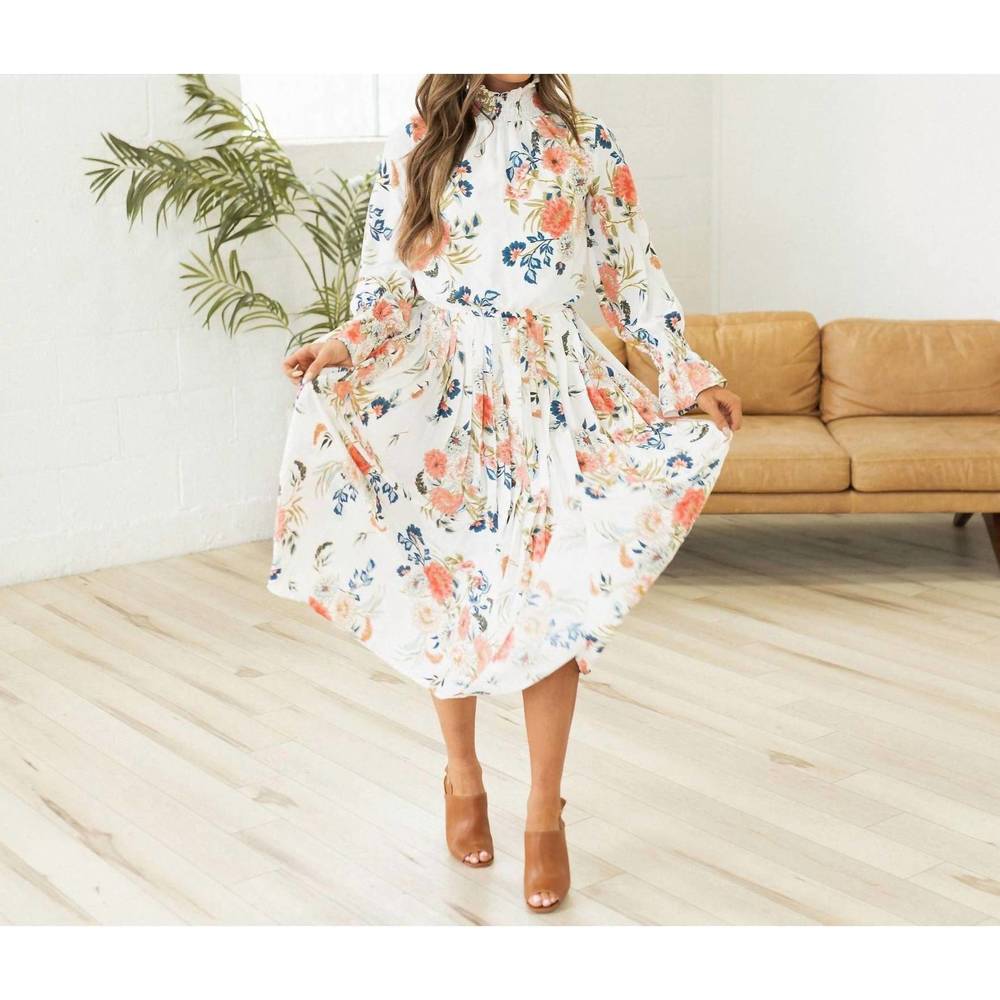 INDIE & CO Eleanor Dress White Floral Smocked Neck Zip Back Women's Large